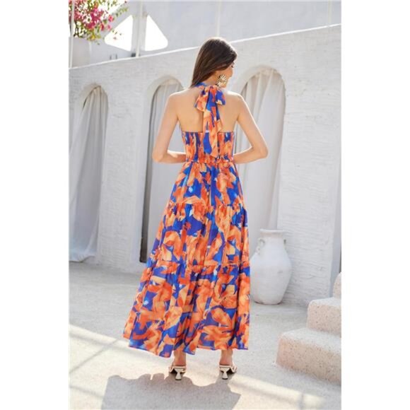 Women's Summer Dresses Halter Neck Sleeveless Orange Blue - Picture 4 of 4
